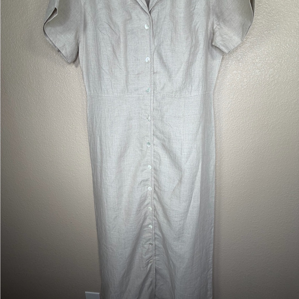 Eddie Bauer Beige 100% Linen Midi‎ Dress Button Front Short Sleeve